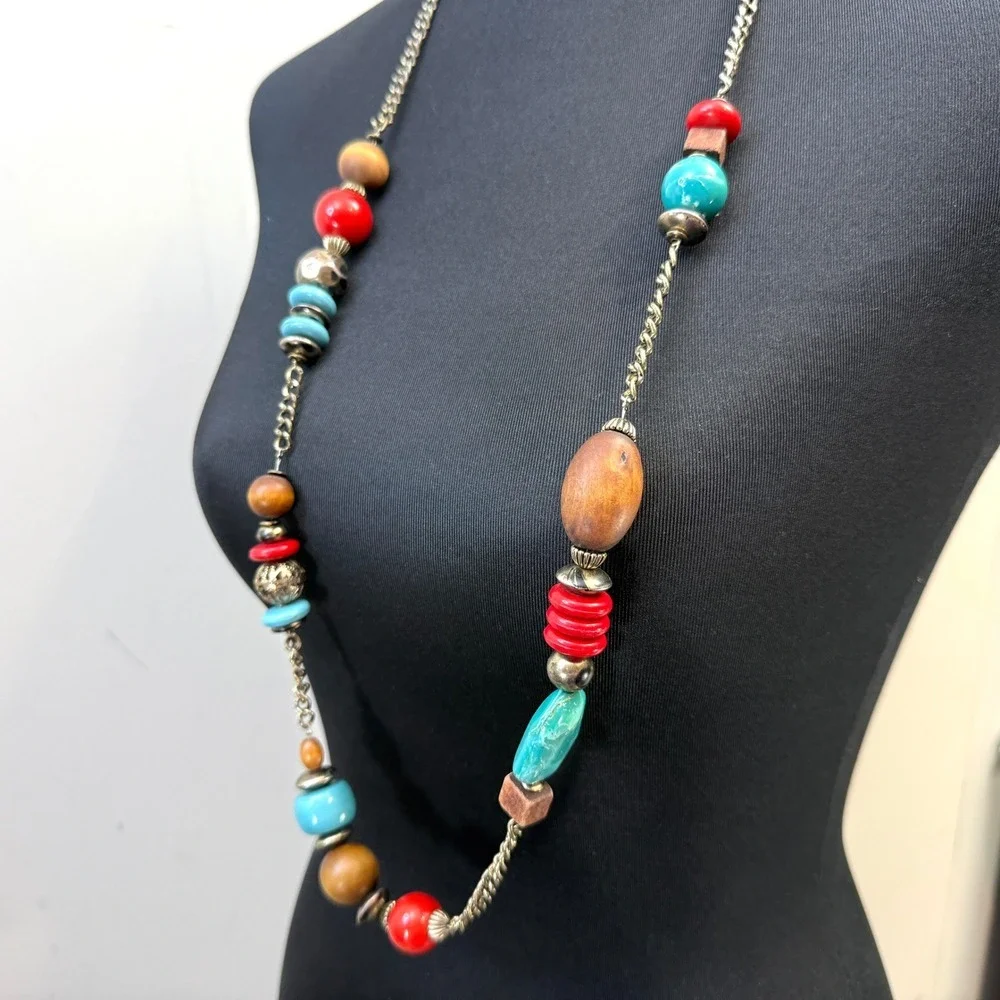 Long Boho Wood Beaded Necklace Acrylic Turquoise Accents Fashion Jewelry 19 in L